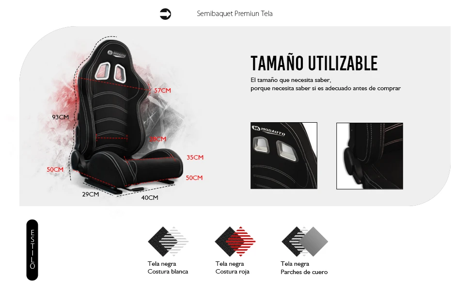 Asiento semibaquet MODAUTO de tela negra con costura roja