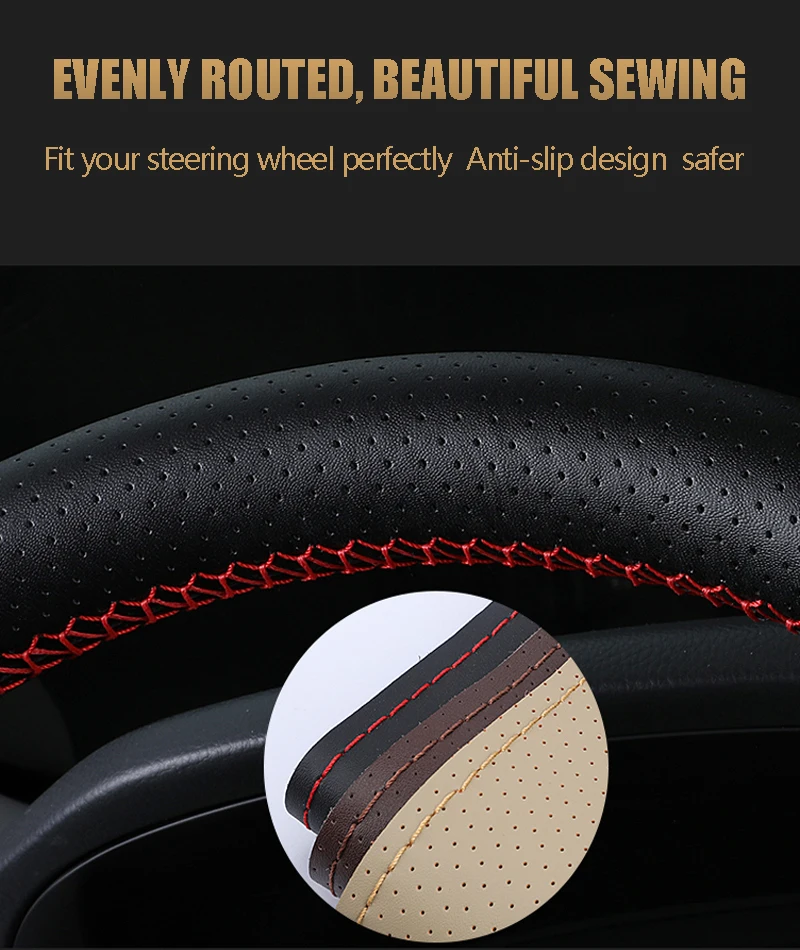 Funda de cuero instalada en volante de coche mostrando ajuste