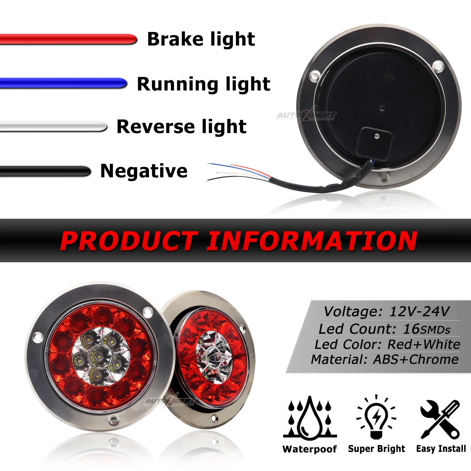 Luz trasera LED redonda 12-24V freno y marcha atrás para trailer, truck y caravana - imagen 3