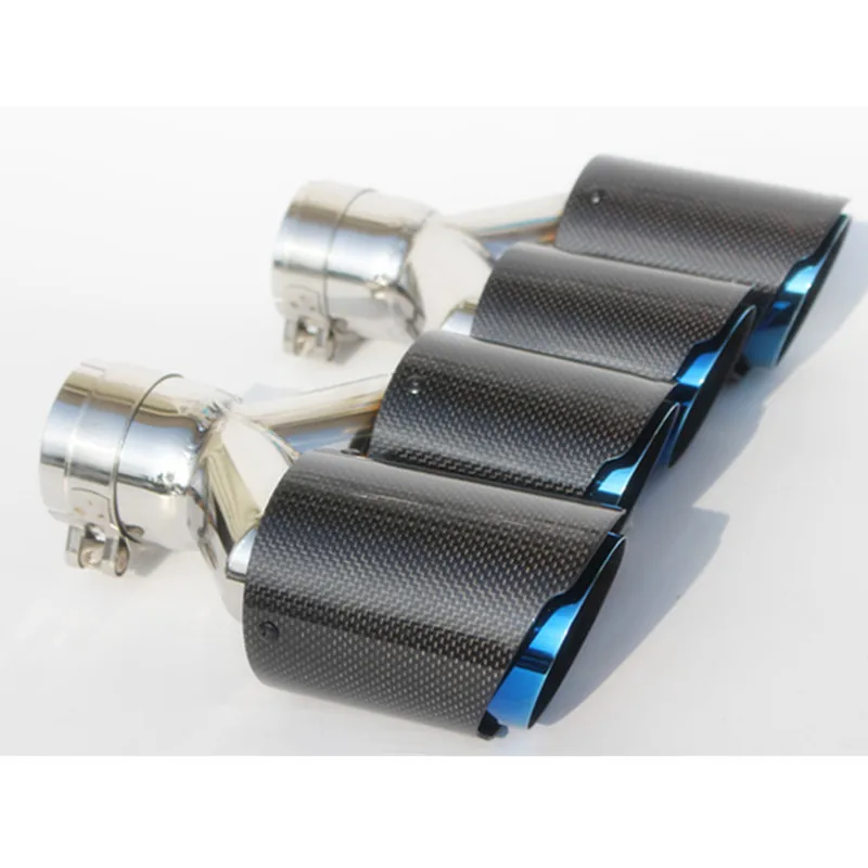 1 par: fibra de carbono brillante + tubo final de sistema de escape universal de acero inoxidable doble azul + punta de escape de coche de carbono brillante - imagen 4