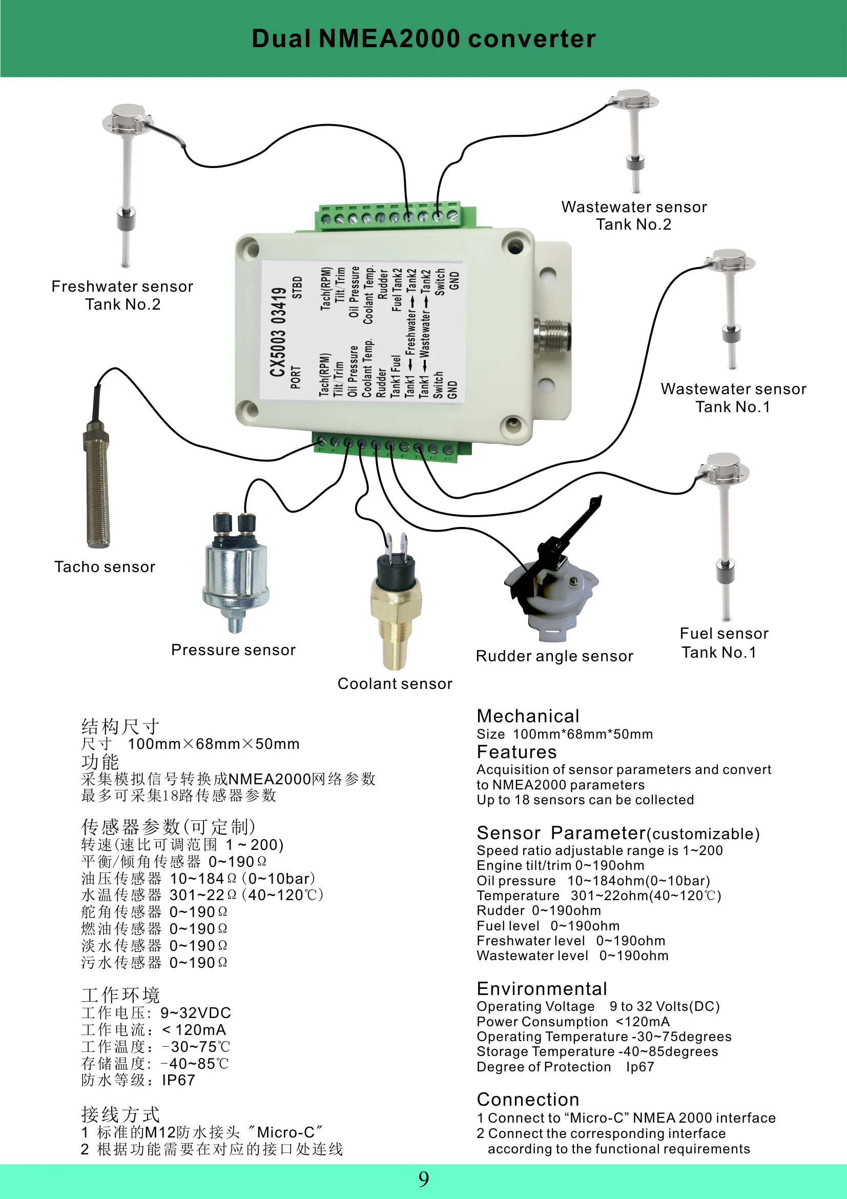 Convertidor NMEA 2000 CX5003 doble canal para sensores 0-190 Ω - imagen 3