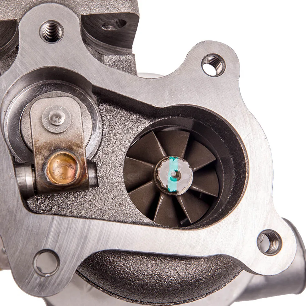 Turbo RHF5 Maxpeedingrods visto desde la parte trasera con conexiones de engrase