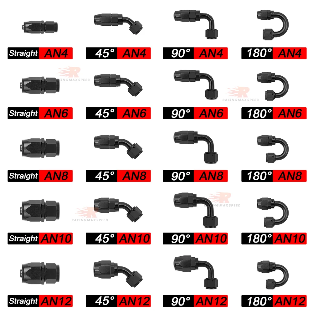Universal AN4 AN6 AN8 AN10 recto 45 90 120 180 grados aceite combustible giratorio extremo de manguera accesorio aceite manguera extremo adaptador Kit negro