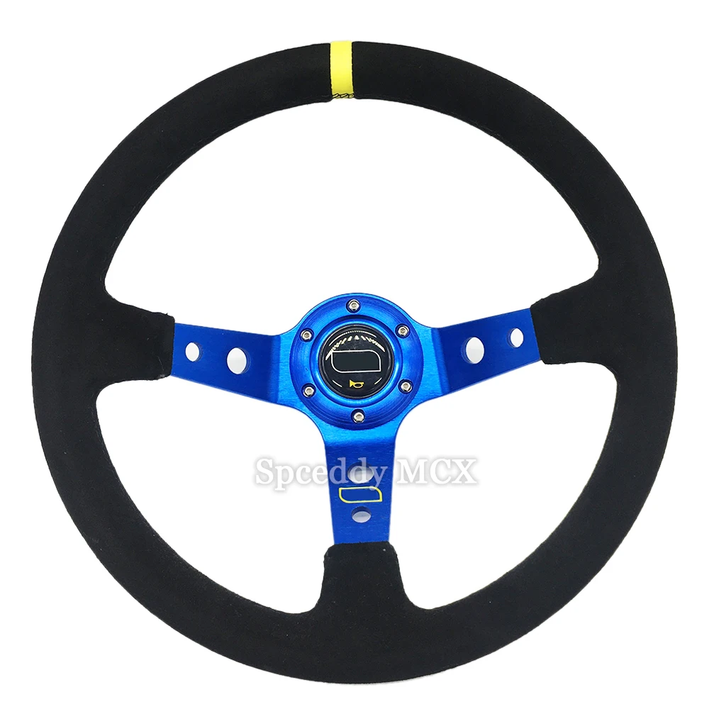 Volante deportivo OM-Sports 350mm piel ante – negro/azul con botón bocina - imagen 5