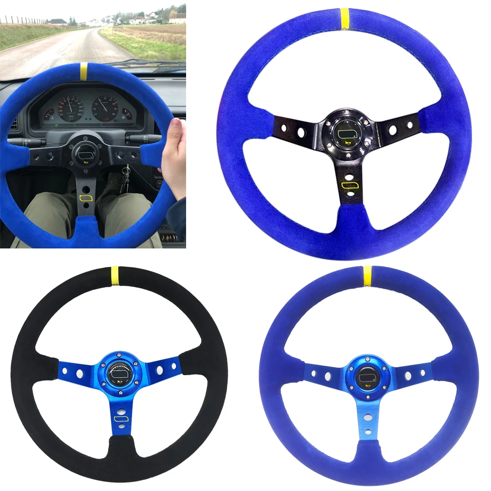 Volante deportivo OM-Sports 350mm piel ante – negro/azul con botón bocina
