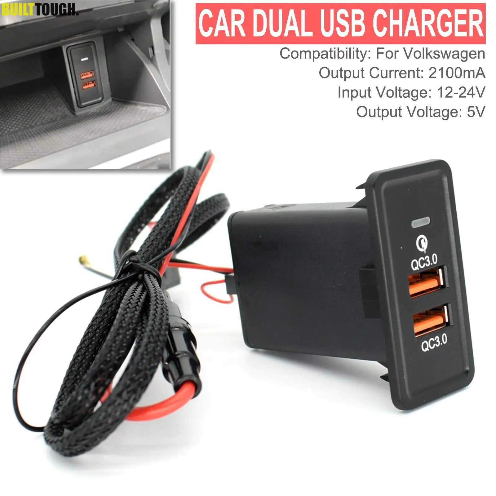 Cargador coche USB dual QC3.0 12V para SEAT Ibiza y VW Golf