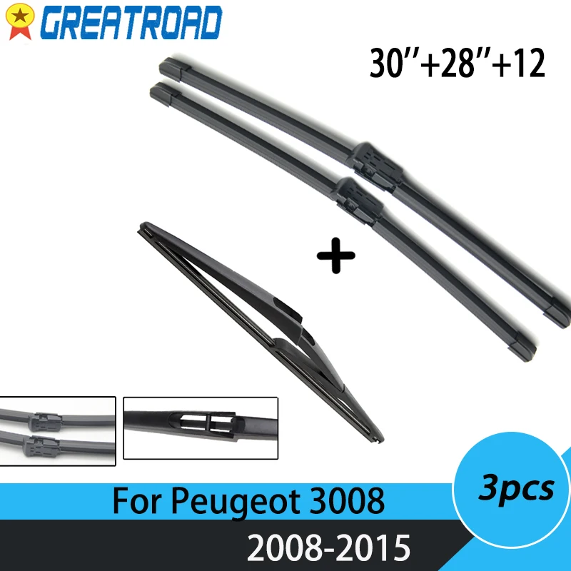 Escobillas de limpiaparabrisas para Peugeot 3008 2008-2015 limpiaparabrisas de ventana delantera trasera 2014 2013 2012 2011 2010 2009 30 ''+ 28''+ 12