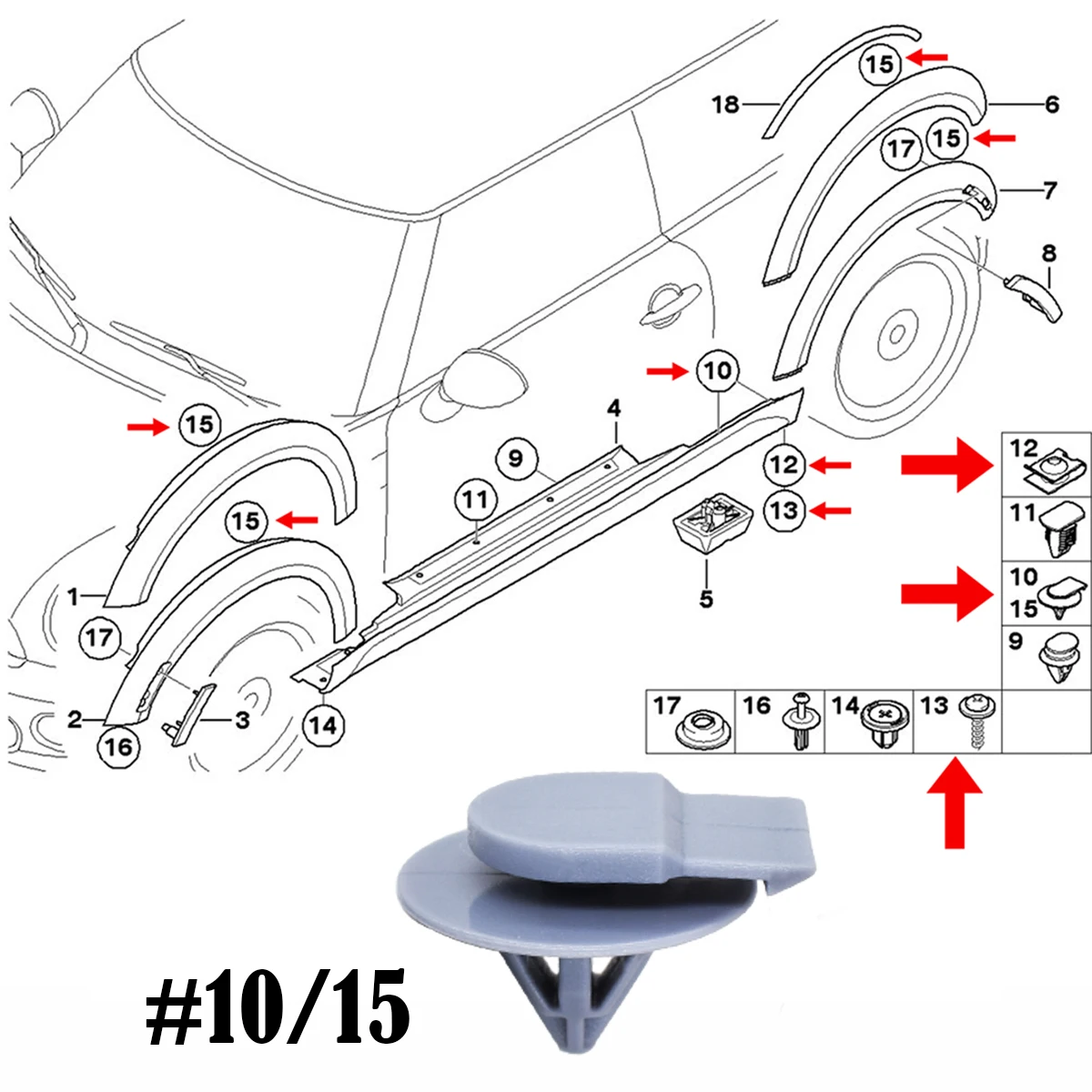 Clips embellecedor guardabarros BMW Mini Cooper R50 R56 R58 R59 - imagen 3