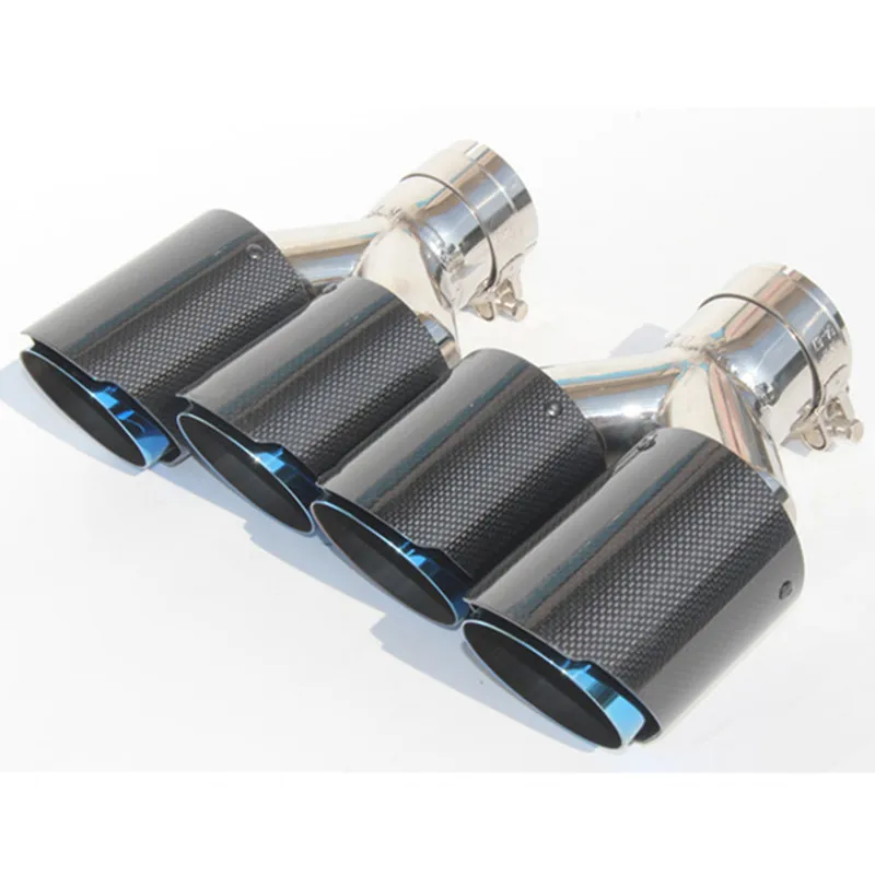1 par: fibra de carbono brillante + tubo final de sistema de escape universal de acero inoxidable doble azul + punta de escape de coche de carbono brillante - imagen 5