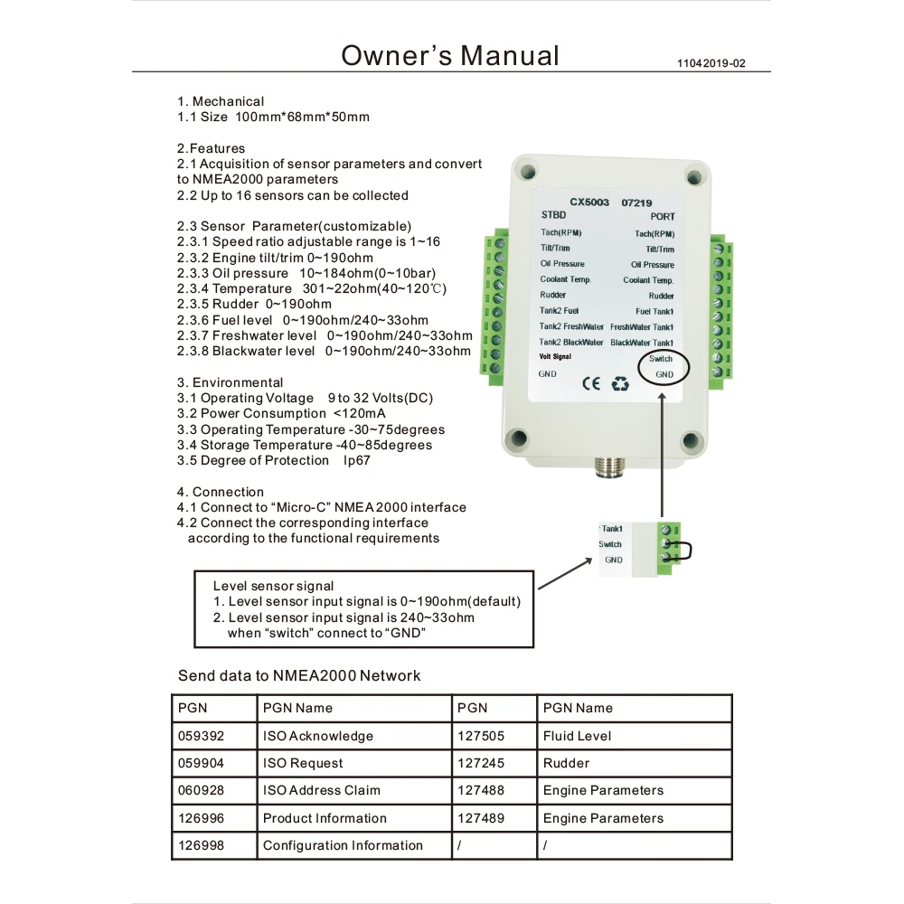 Convertidor NMEA 2000 CX5003 doble canal para sensores 0-190 Ω - imagen 4