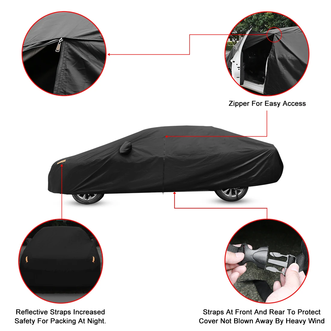 UXCELL-fundas completas de tela para coche, universales, transpirables, impermeables, protección solar negra, polvo, lluvia, nieve, coche completo, sedán, SUV - imagen 4
