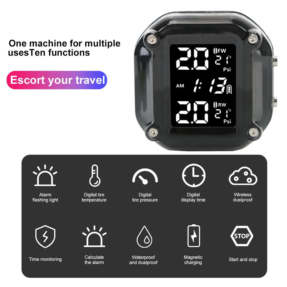 Pantalla LCD TPMS para moto con 2 sensores externos – monitor presión neumáticos - imagen 2