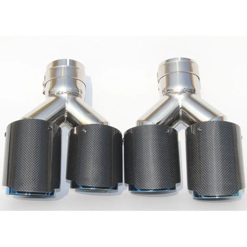 1 par: fibra de carbono brillante + tubo final de sistema de escape universal de acero inoxidable doble azul + punta de escape de coche de carbono brillante - imagen 2