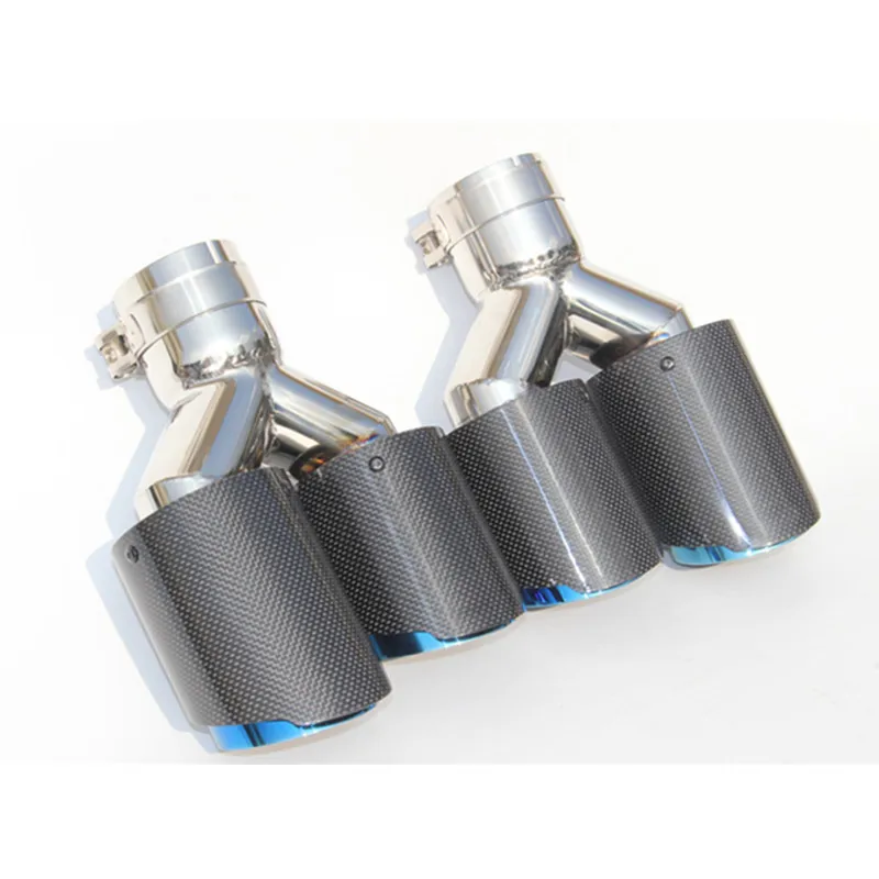 1 par: fibra de carbono brillante + tubo final de sistema de escape universal de acero inoxidable doble azul + punta de escape de coche de carbono brillante - imagen 3