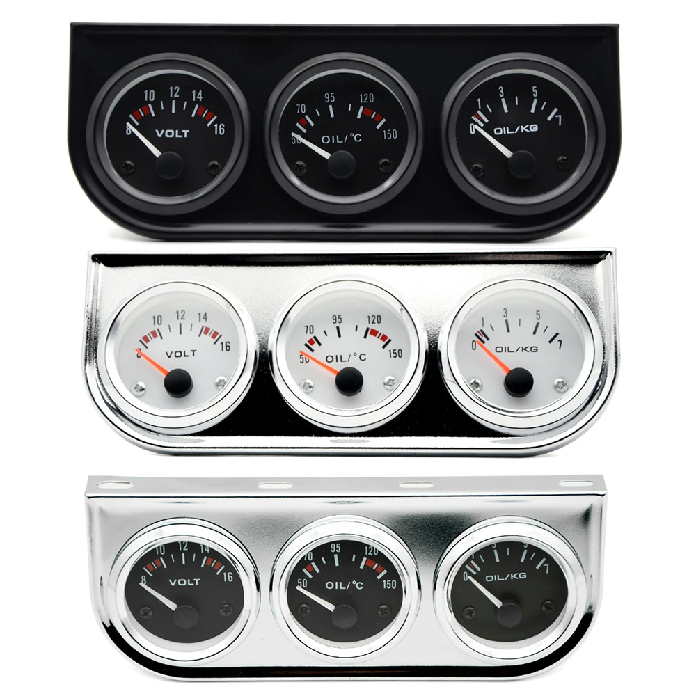 Kit gauge 3-en-1 52mm presión aceite temperatura voltios – Negro/cromo - imagen 3