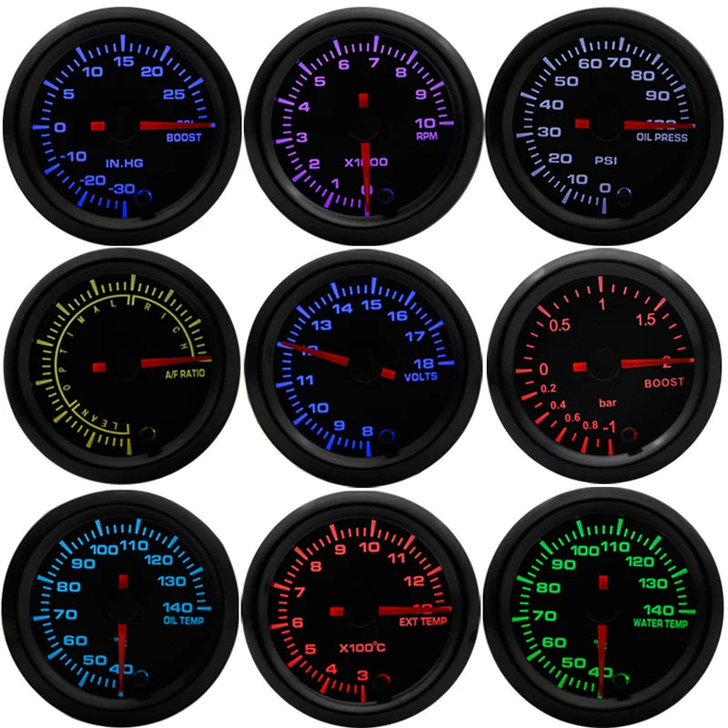 2 "52mm 7 colores LED Boost/temperatura del agua/temperatura del aceite/presión del aceite/voltímetro/relación de combustible de aire/EGT/tacómetro RPM medidor de coche + vainas de calibre
