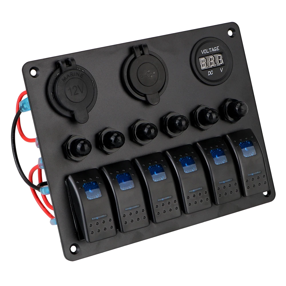 Panel estanco de 6 interruptores con USB y voltímetro 12/24 V