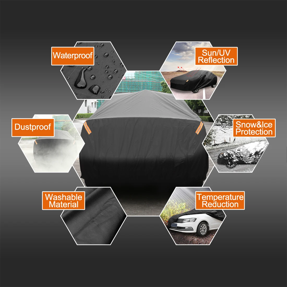 UXCELL-fundas completas de tela para coche, universales, transpirables, impermeables, protección solar negra, polvo, lluvia, nieve, coche completo, sedán, SUV - imagen 3