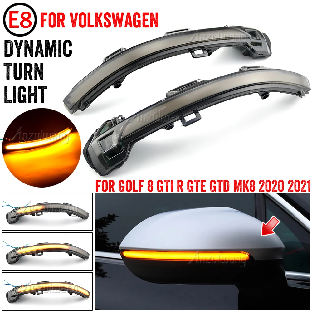 Intermitente dinámico LED instalado en el espejo lateral de un Volkswagen Golf 8
