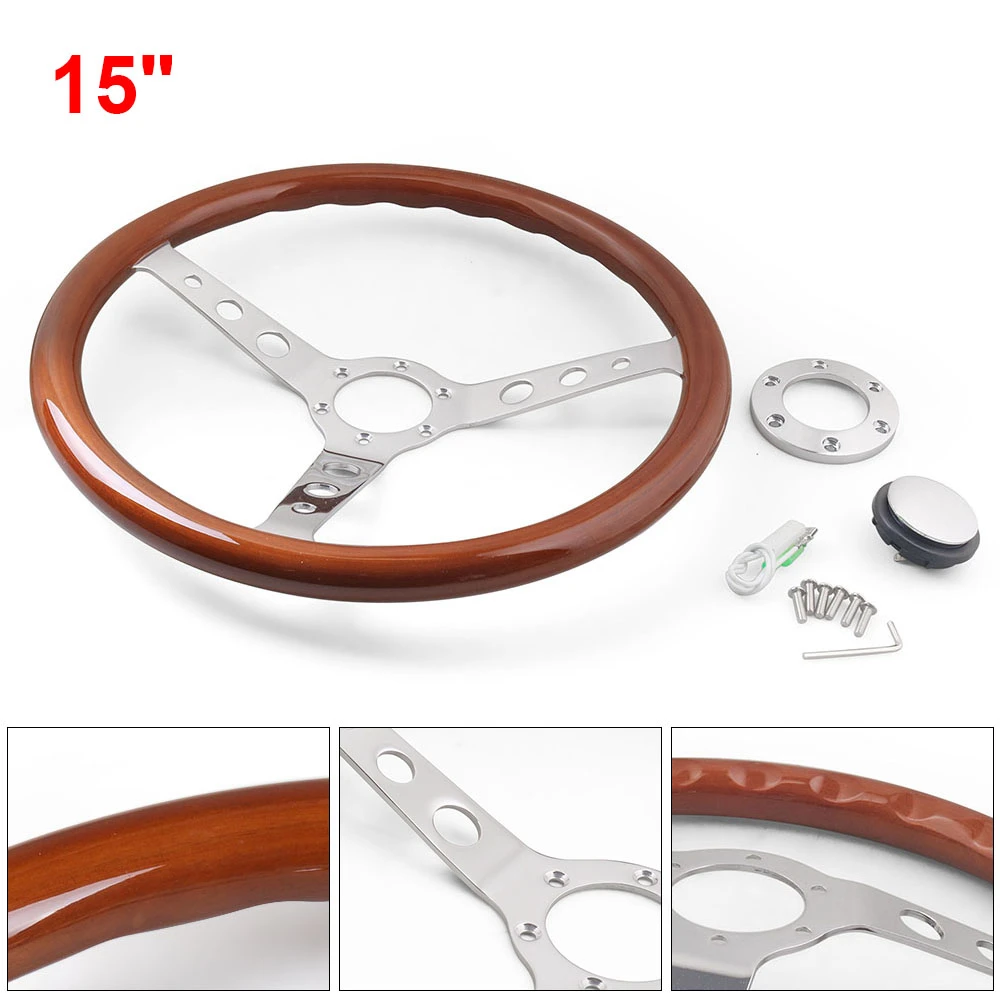 Volante de alta calidad de 15 pulgadas, 380mm, profundidad de 55mm, volante deportivo clásico de grano de madera, radios cepillados plateados, cromado