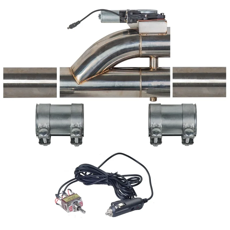 Válvula de corte de escape eléctrica de doble válvula SS304, 2 ", 2,25", 2,5 pulgadas, 3 pulgadas, con botón de interruptor y conector de abrazadera de 2 uds.