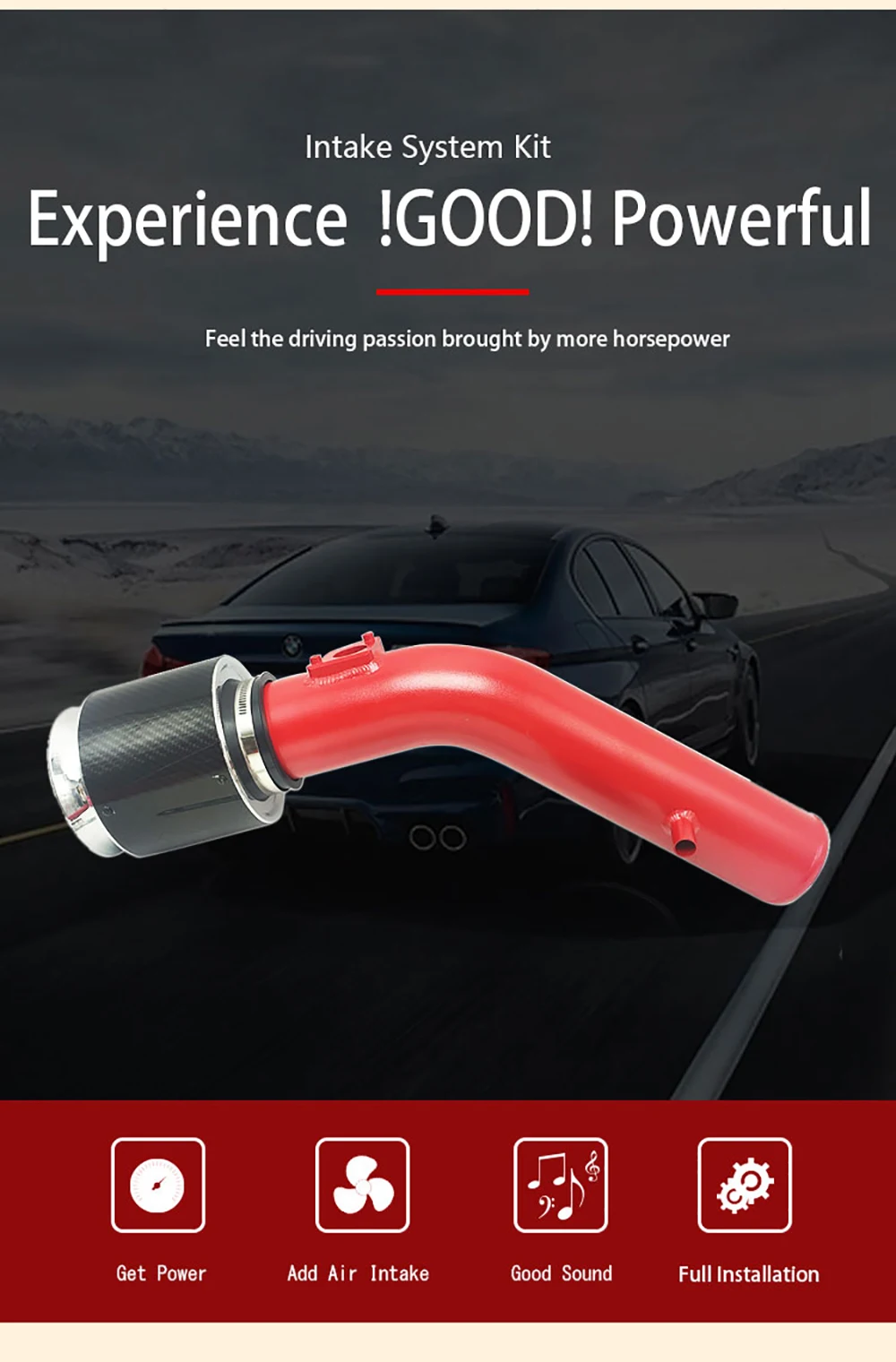 Sistema de admisión con tubo de aluminio rojo y filtro
