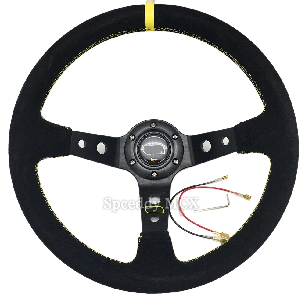 Volante deportivo OM-Sports 350mm piel ante – negro/azul con botón bocina - imagen 4