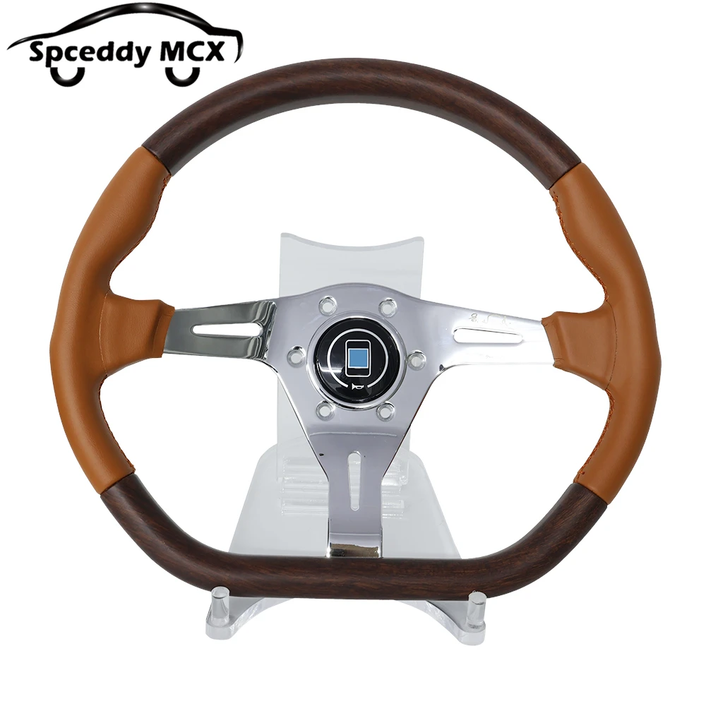Volante deportivo forma D de 350 mm con acabado madera y cuero marrón - imagen 2