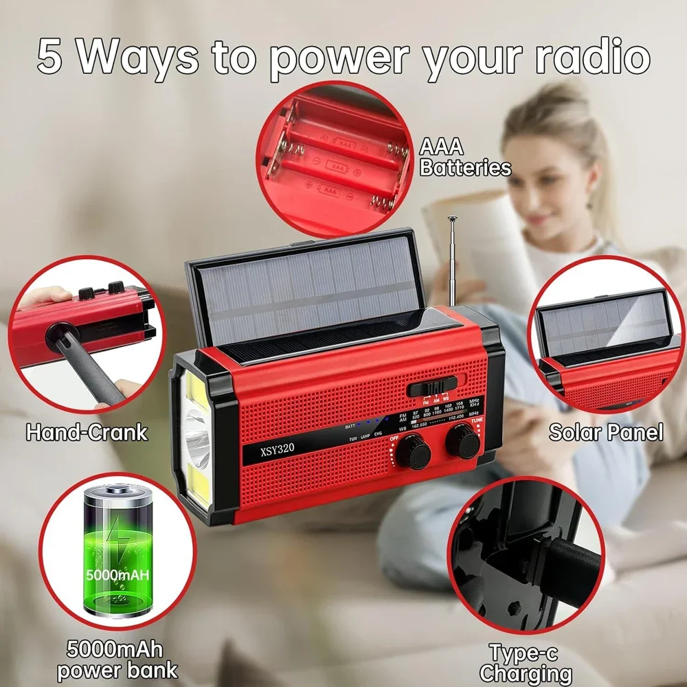 WOOPKER 5000mAh Radio de emergencia FM XSY-320 portátil alimentado a mano Solar recargable impermeable con alarma SOS linterna meteorológica - imagen 4