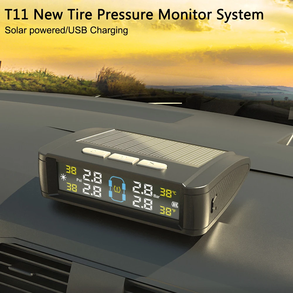 TPMS solar/USB para coche con monitor de presión y temperatura