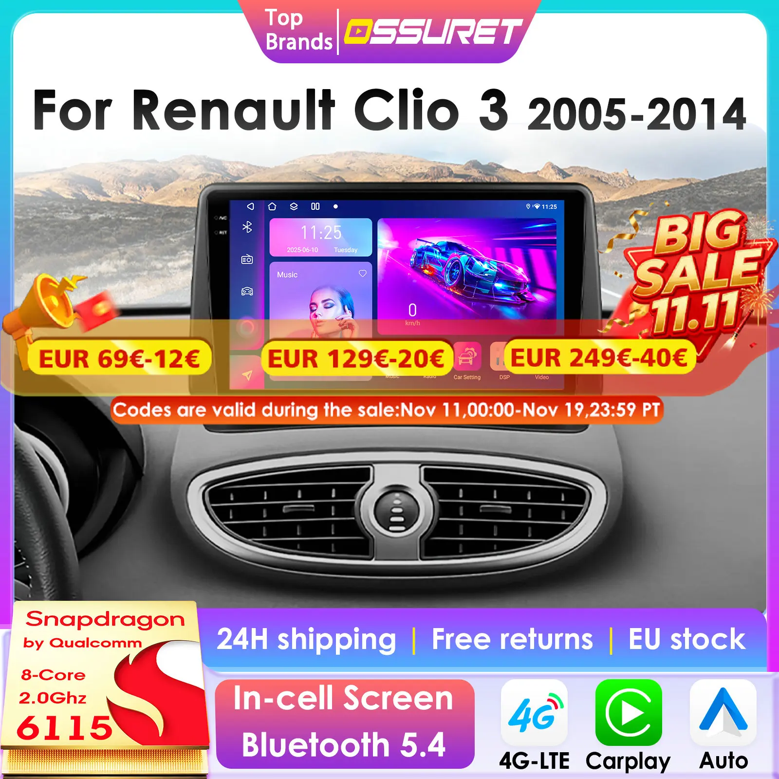 Radio multimedia Android 13 con GPS y CarPlay para Renault Clio III