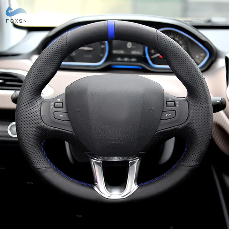 Funda volante trenzada Peugeot 208/2008, cuero negro con línea azul
