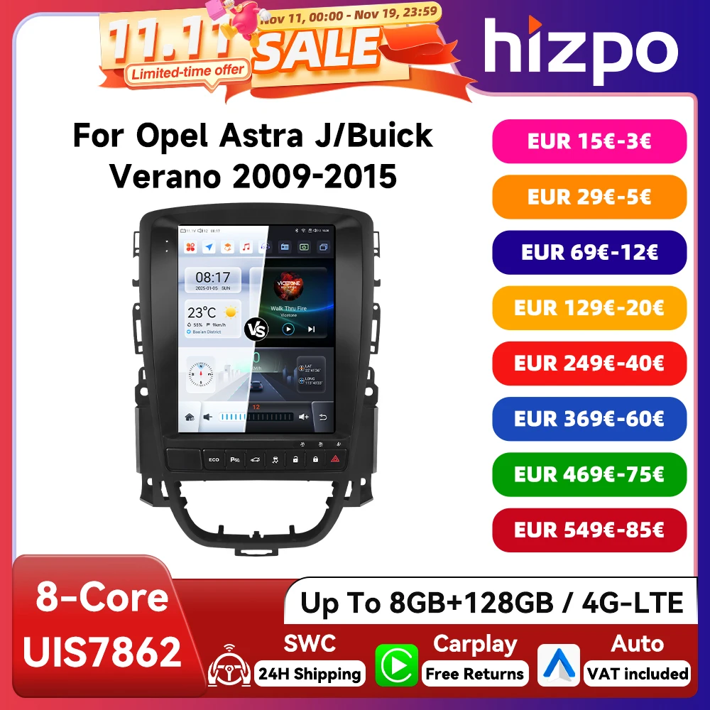 Radio Android Hizpo CarPlay 9,7" con GPS y DSP – Opel Astra J 2009-2015