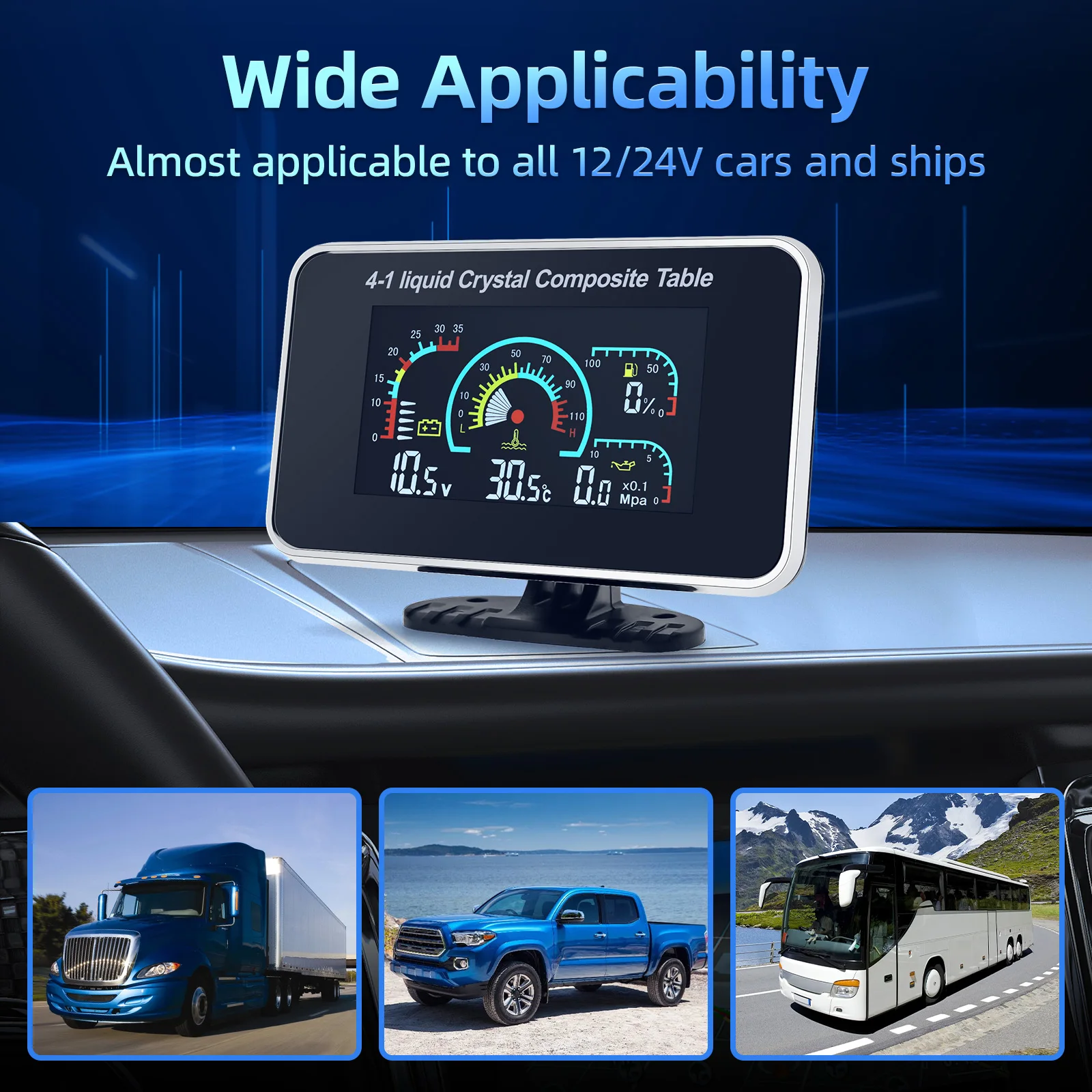 Voltímetro Digital 4 en 1 LCD para coche, temperatura del agua, presión de aceite, voltímetro, medidor de combustible, medidor de alarma con Sensor de 100-575mm - imagen 3