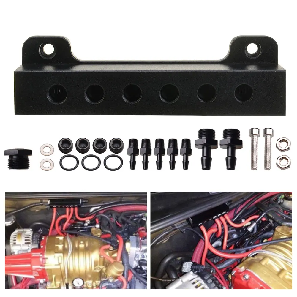 Kit de colector de admisión de bloque de vacío de 6 puertos de carreras, válvula de descarga de combustible, Turbo Boost 1/8NPT, Compatible con controladores Boost y metros