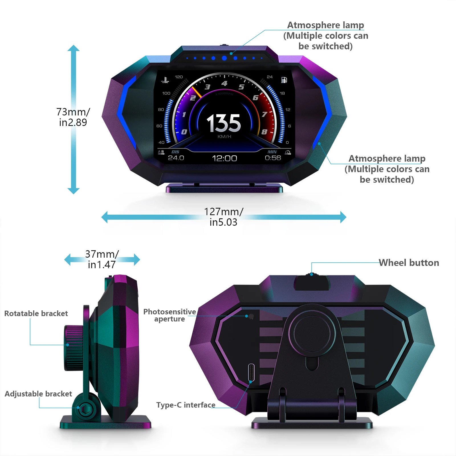 Pantalla HUD P24, velocímetro digital OBD + GPS con tacómetro - imagen 5
