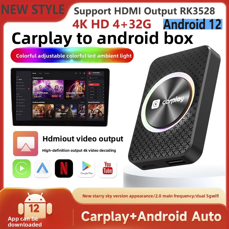 3 en 1 Carplay Android 12 HDMI TV Box Carplay inalámbrico Android Auto Smart Ai Box RK3528 4K HD compatible con salida HDMI con luz LED