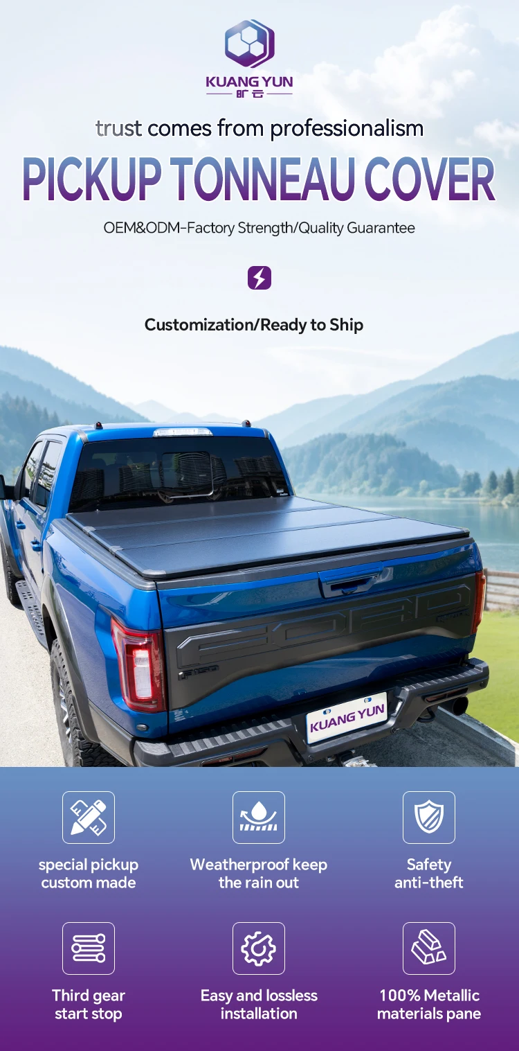 Vista frontal de la cubierta Tonneau triple instalada en Ford Ranger 2019