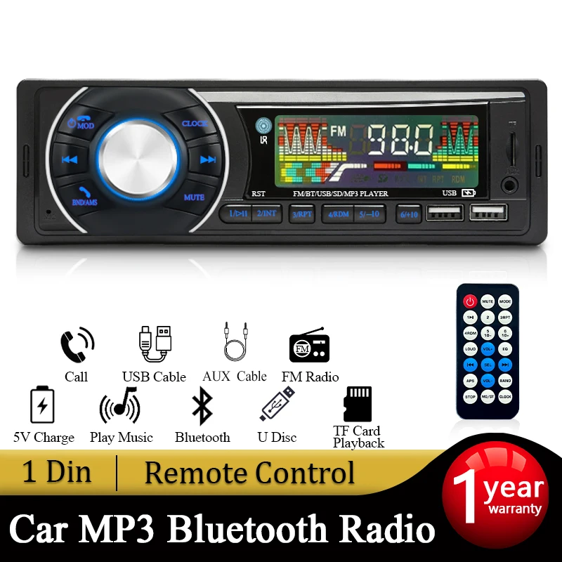 Radio 1 DIN SINOVCLE con Bluetooth, MP3, USB y FM para coche