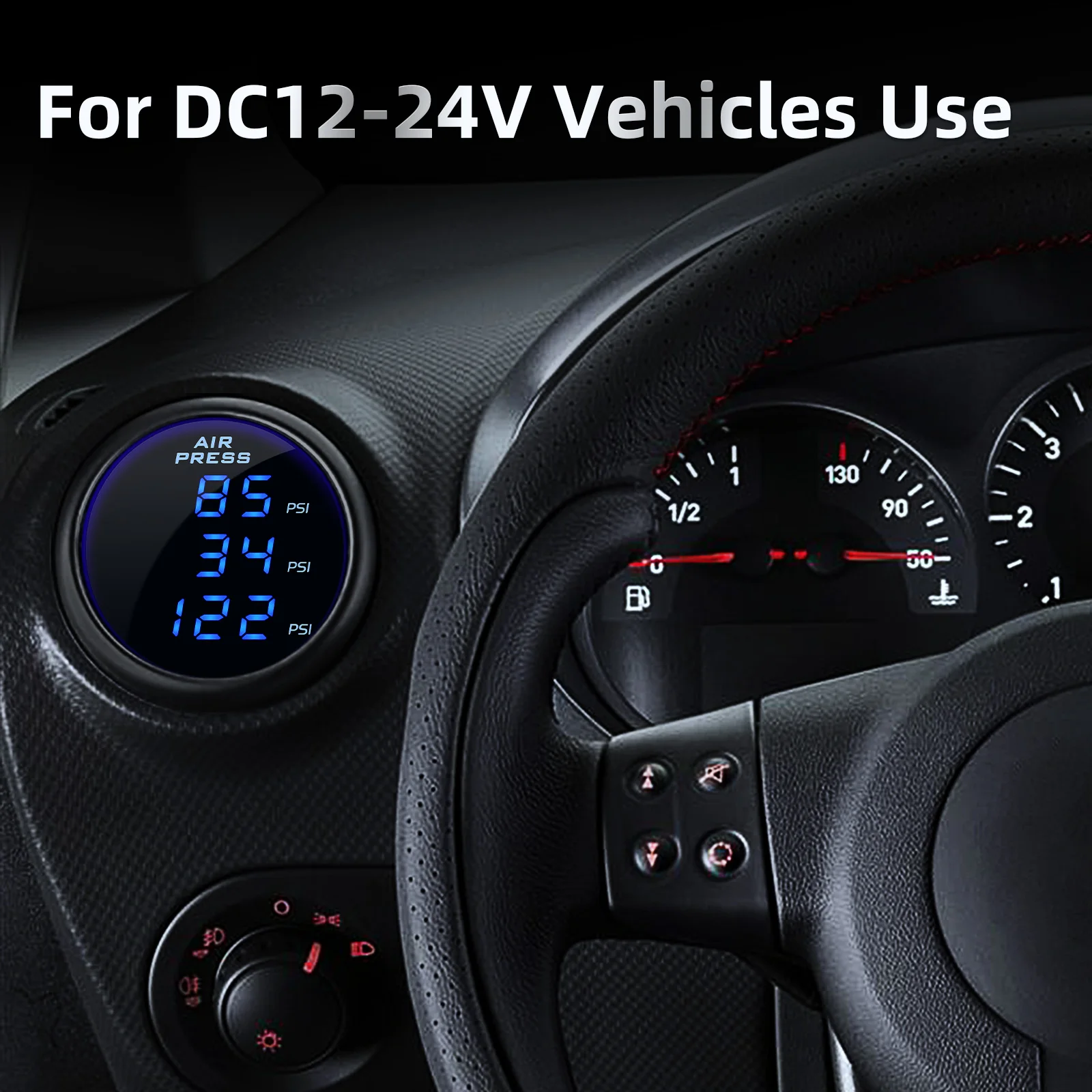 Manómetro de presión de aire para coche de 52mm, medidores de refuerzo LED azules, tres pantallas digitales, suspensión neumática de 220PSI con 3 sensores 1/8NPT - imagen 3