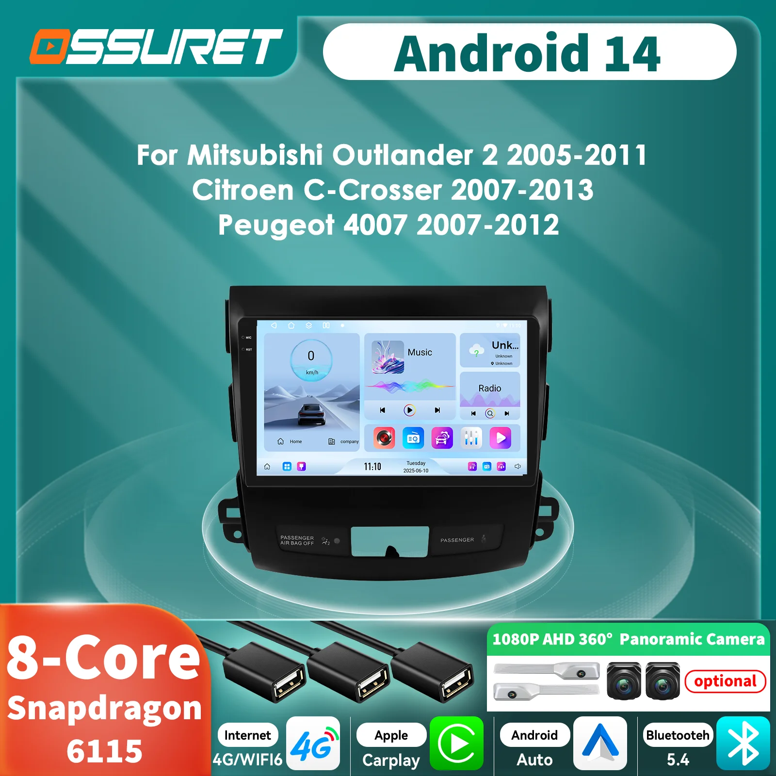 Radio Android 14 para Citroën C-Crosser, Peugeot 4007 y Outlander XL