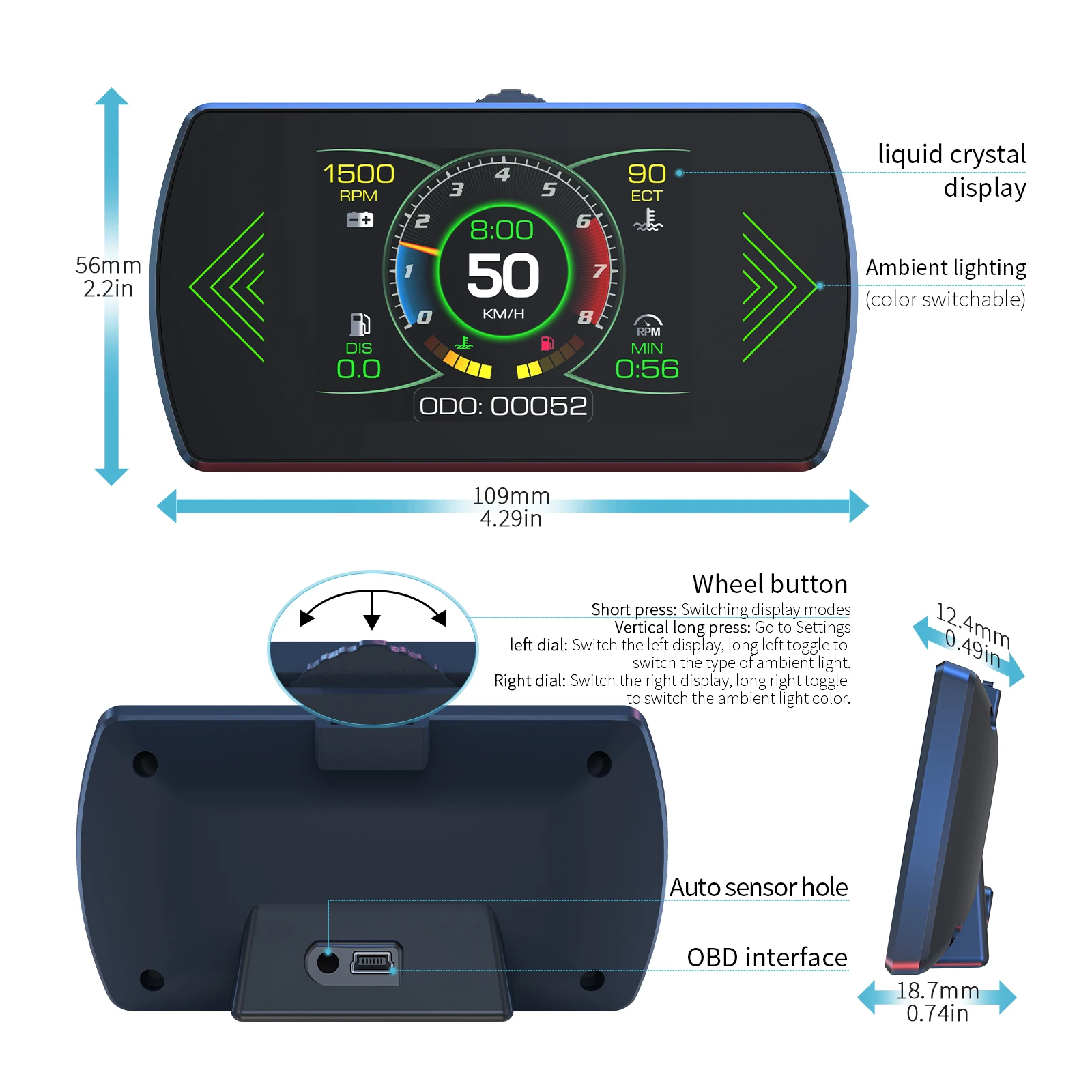 Pantalla frontal HUD P12 OBD para velocidad, temperatura y voltaje - imagen 5