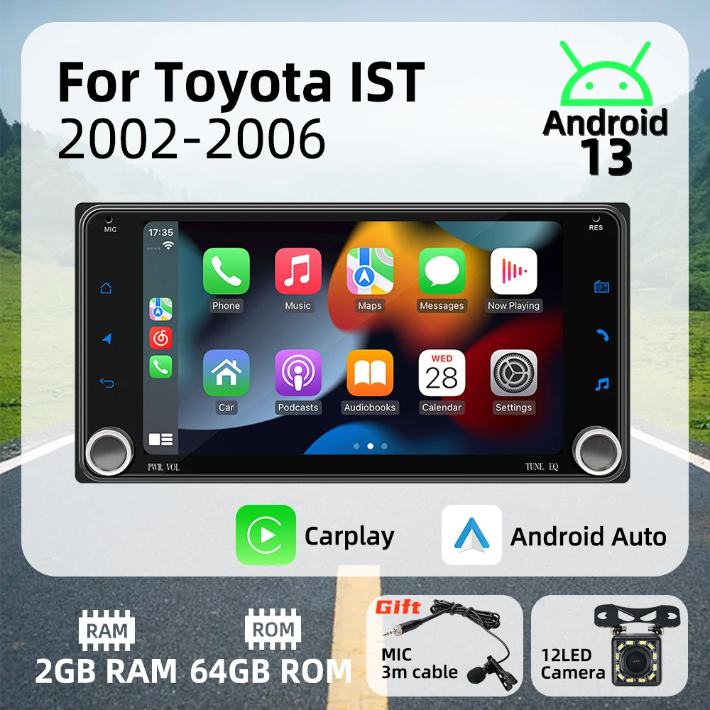 Pantalla multimedia 2 DIN Toyota Ist 2002-2006 con GPS y CarPlay
