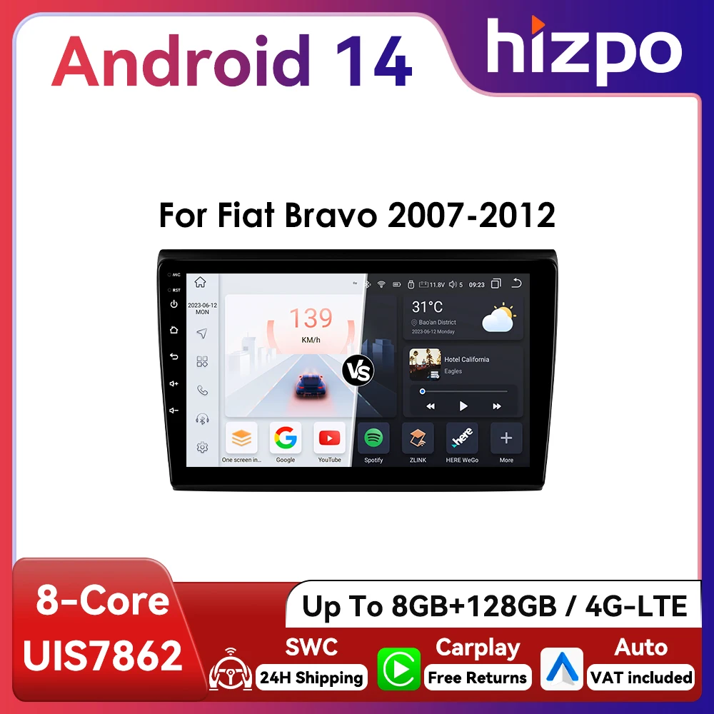 Hizpo Radio Android GPS con CarPlay 2Din para Fiat Bravo 2007-2012