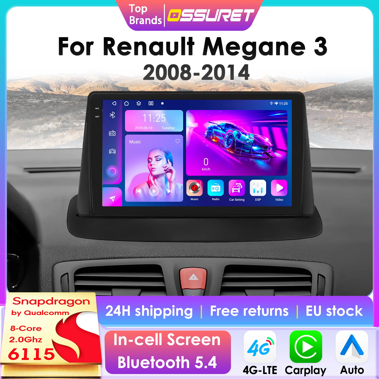 OSSURET-Radio con GPS para coche, reproductor Multimedia con Android, CarPlay, 2DIN, 4G, RDS, para Renault Megane 3, años 2008 a 2014