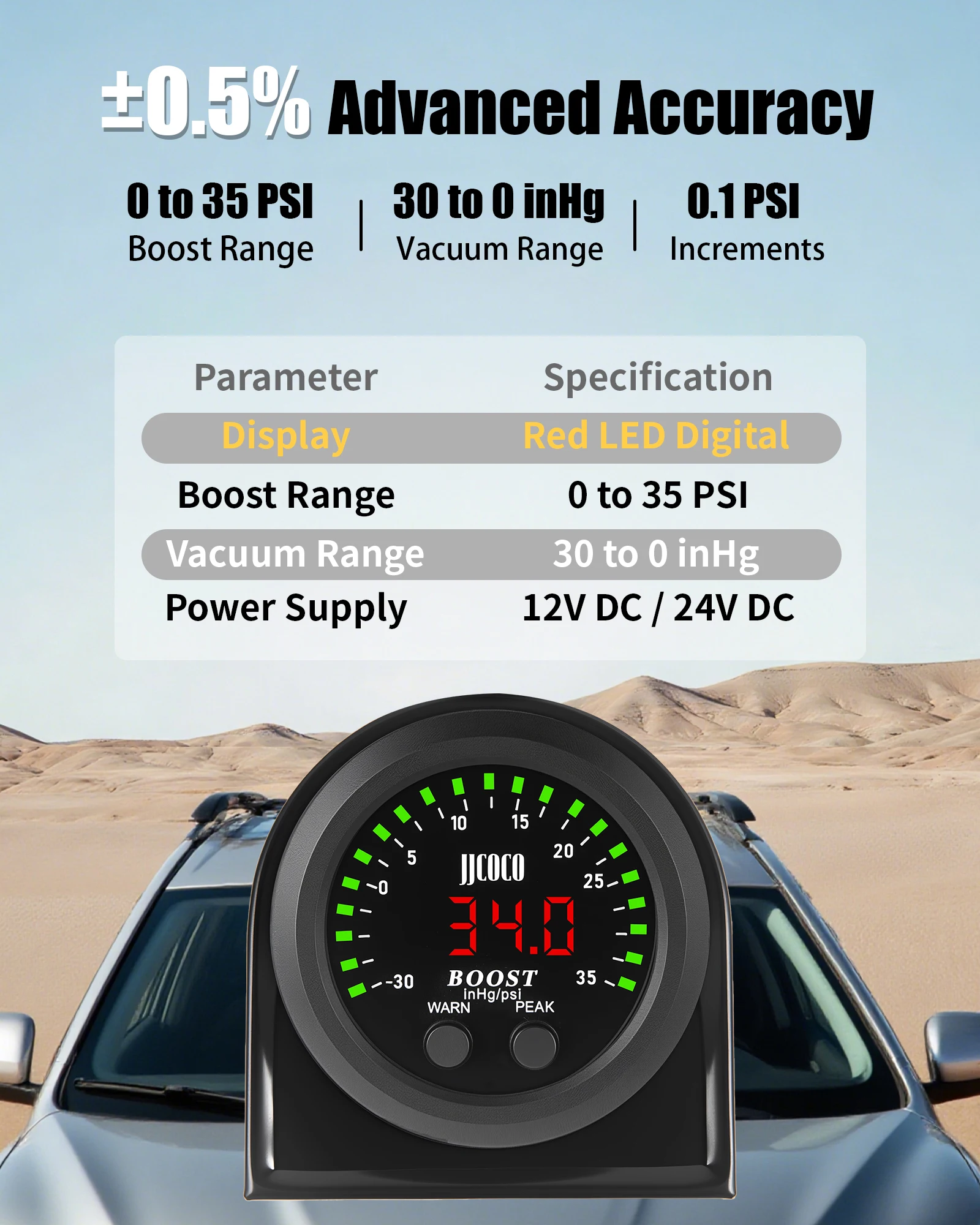 JJCOCO 52MM 2 ''Serie S medidor de refuerzo-30 ~ 35 PSI redondo ultrafino con pantalla LED de luz roja medidor de vacío Turbo Boost - imagen 3