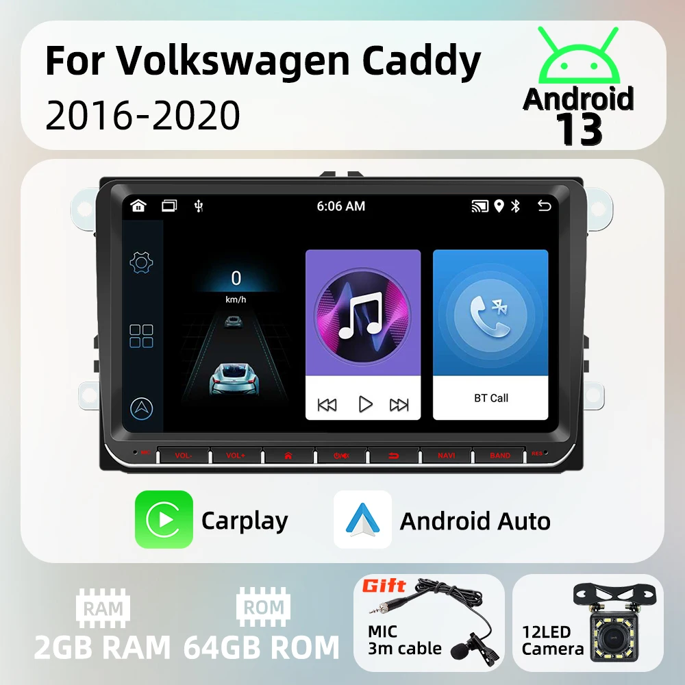Carplay Android Auto Android Car Multimedia 2 + 64G 2 Din Radio para VW Volkswagen Caddy 2016-2020 9 "pantalla estéreo unidad principal GPS
