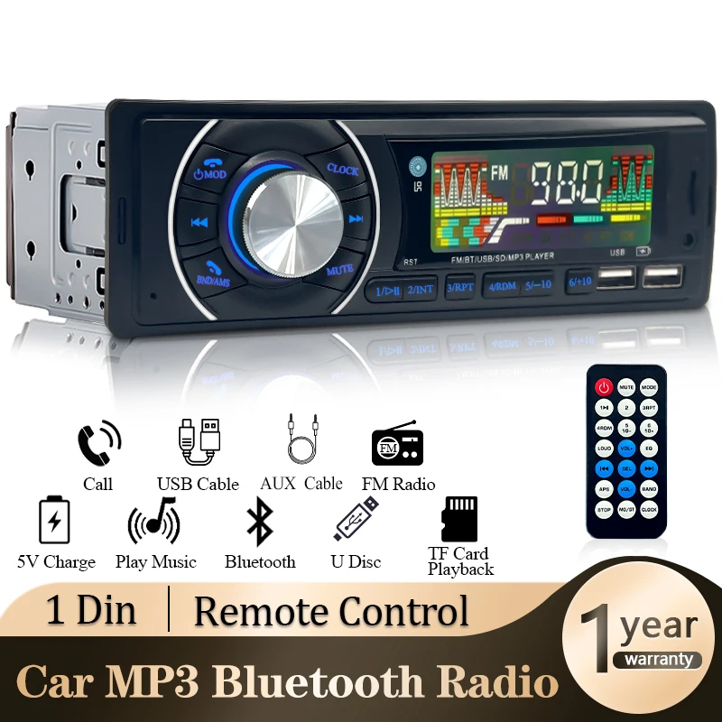 Reproductor Bluetooth 1 DIN con FM, AUX y USB – coche universal