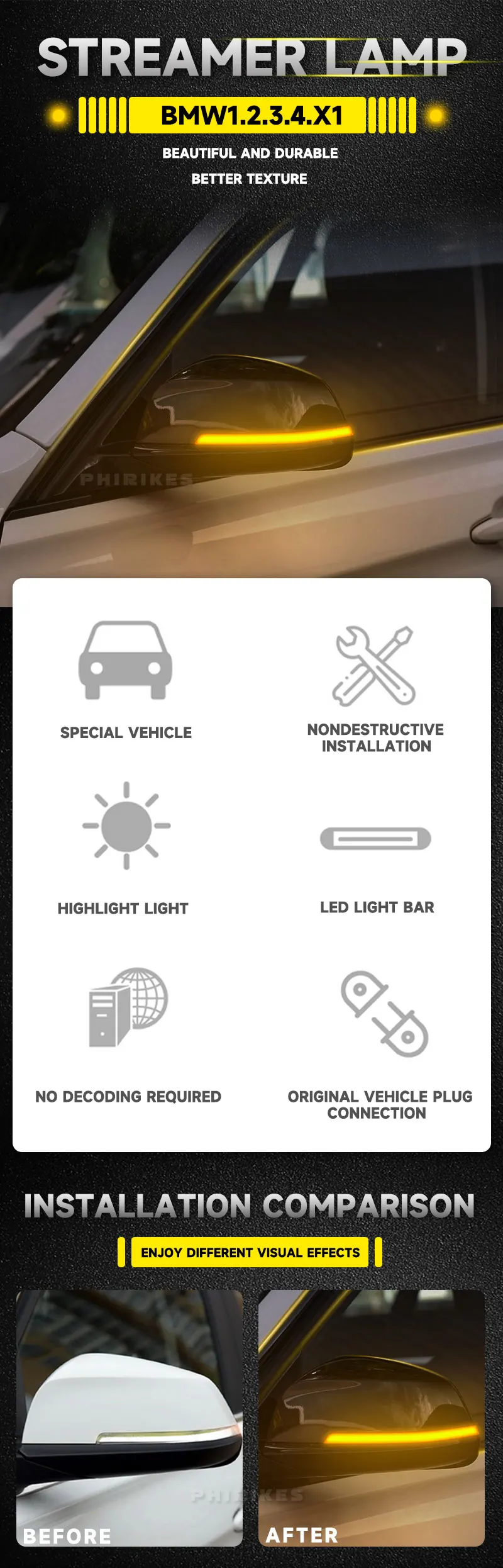 Lámpara LED secuencial instalada en el espejo lateral de un BMW