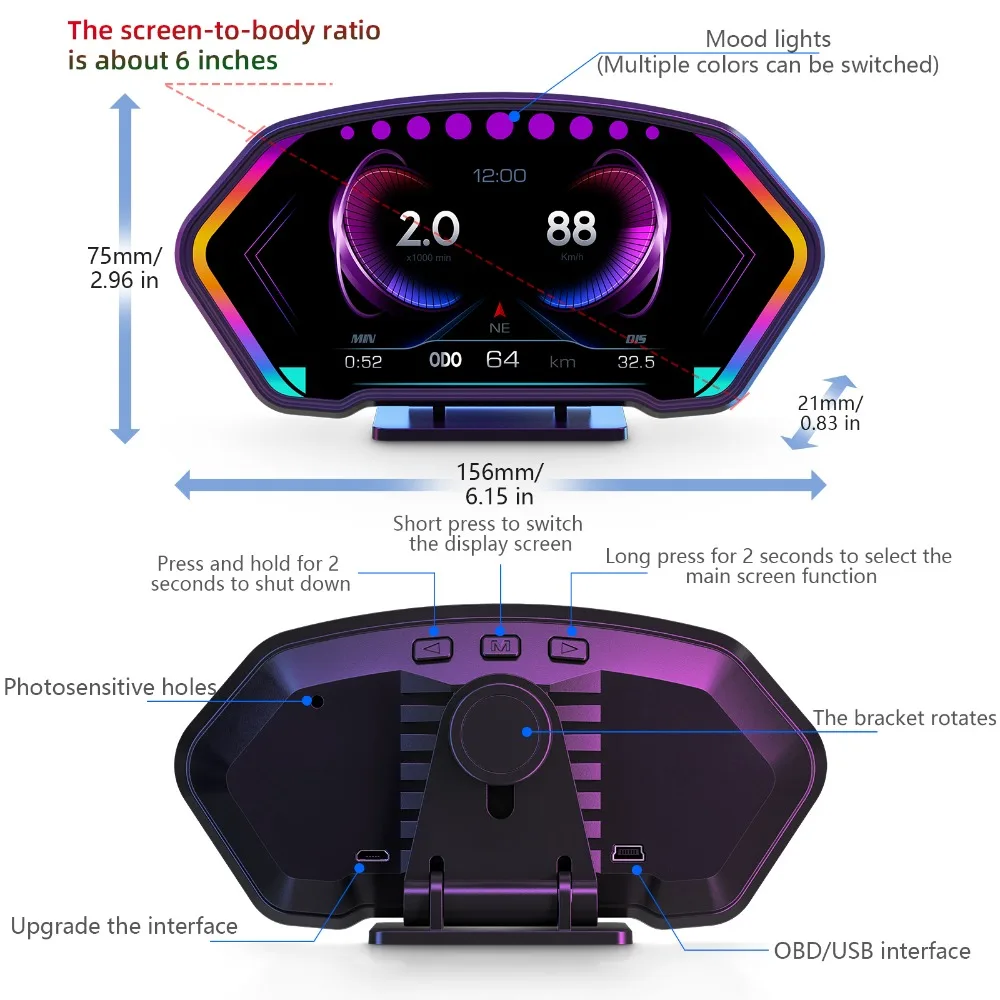 HUD GPS y OBD con inclinómetro, velocímetro y datos del motor - imagen 4